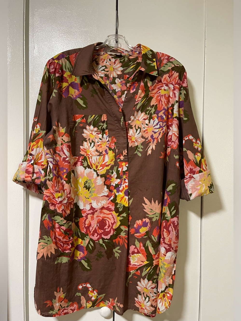 Soft Surroundings Brown Floral Tunic with Pink, Yellow and Green Accents